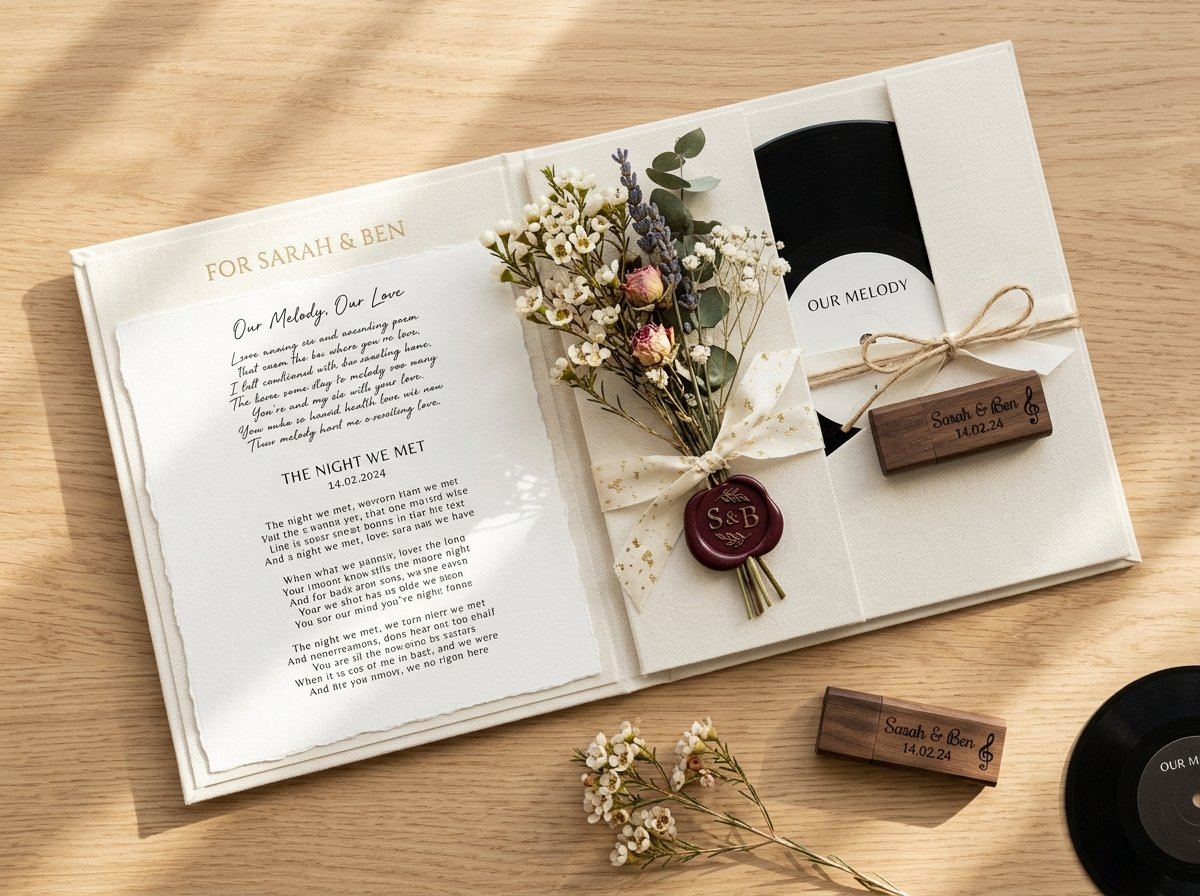 Aesthetic presentation of custom song lyrics and wooden USB keepsake